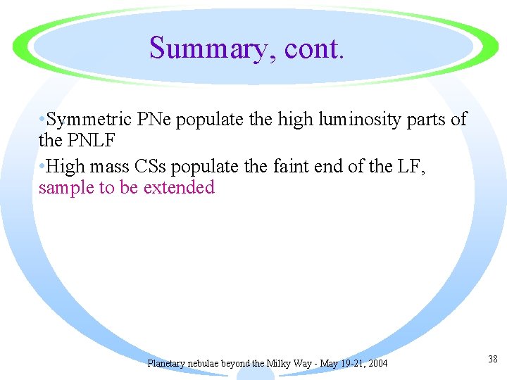 Summary, cont. • Symmetric PNe populate the high luminosity parts of · the PNLF