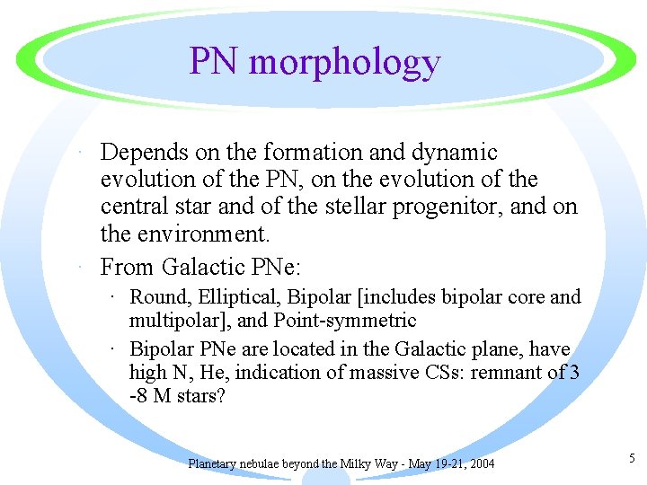 PN morphology · Depends on the formation and dynamic evolution of the PN, on