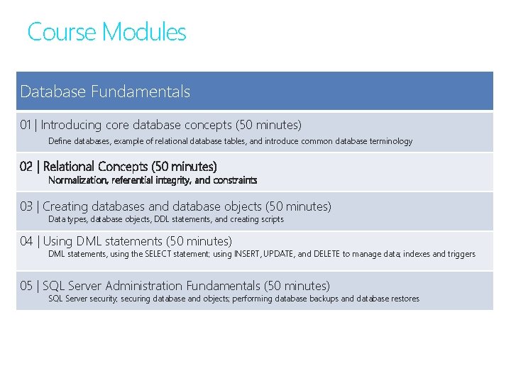 Course Modules Database Fundamentals 01 | Introducing core database concepts (50 minutes) Define databases,