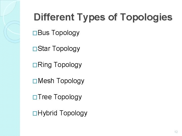 Different Types of Topologies �Bus Topology �Star Topology �Ring Topology �Mesh Topology �Tree Topology