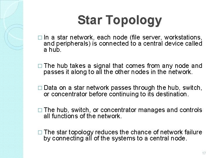 Star Topology � In a star network, each node (file server, workstations, and peripherals)
