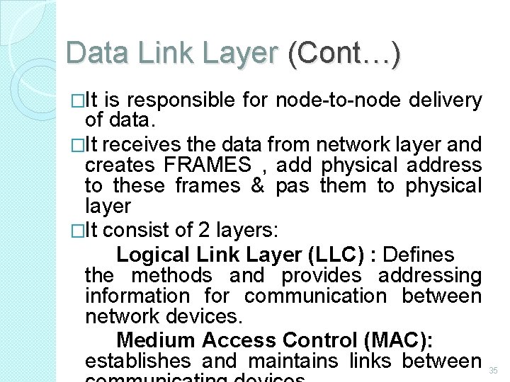 Data Link Layer (Cont…) �It is responsible for node-to-node delivery of data. �It receives