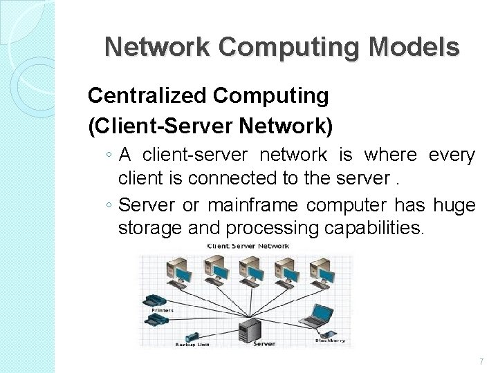 Network Computing Models Centralized Computing (Client-Server Network) ◦ A client-server network is where every