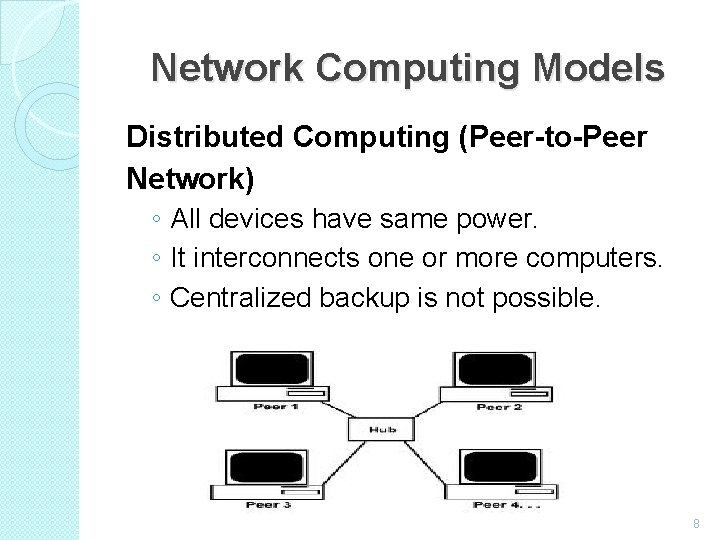 Network Computing Models Distributed Computing (Peer-to-Peer Network) ◦ All devices have same power. ◦