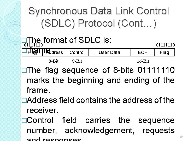 Synchronous Data Link Control (SDLC) Protocol (Cont…) �The format of SDLC is: 01111110 �