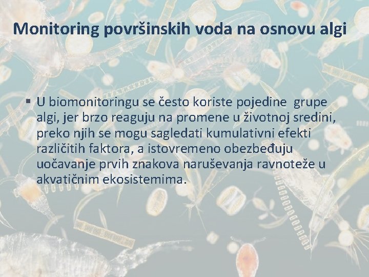 Monitoring površinskih voda na osnovu algi § U biomonitoringu se često koriste pojedine grupe