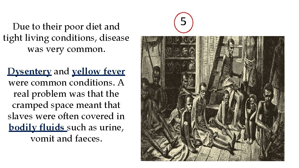 Due to their poor diet and tight living conditions, disease was very common. Dysentery