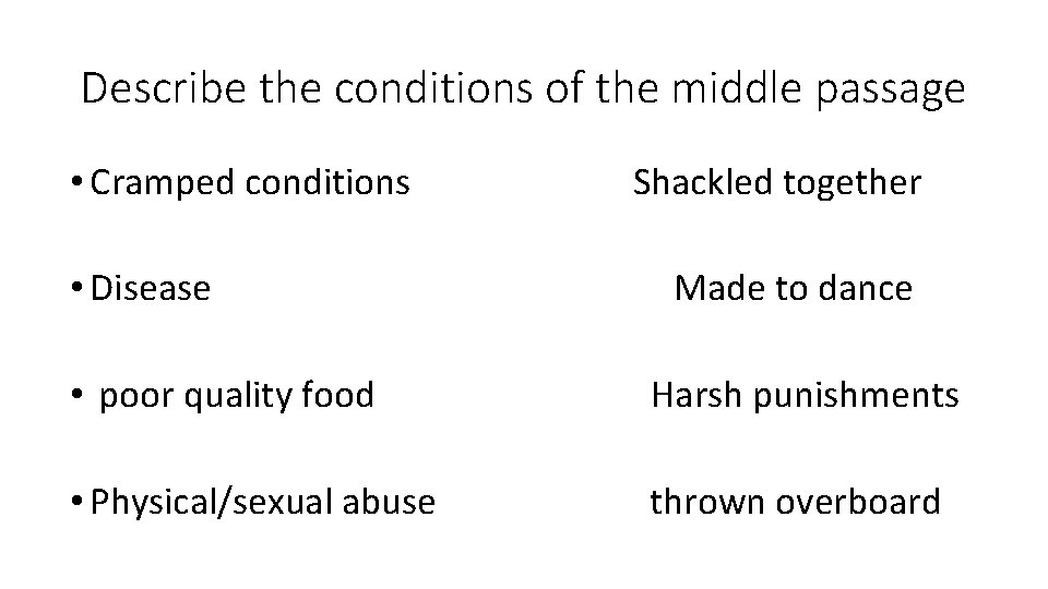 Describe the conditions of the middle passage • Cramped conditions • Disease Shackled together