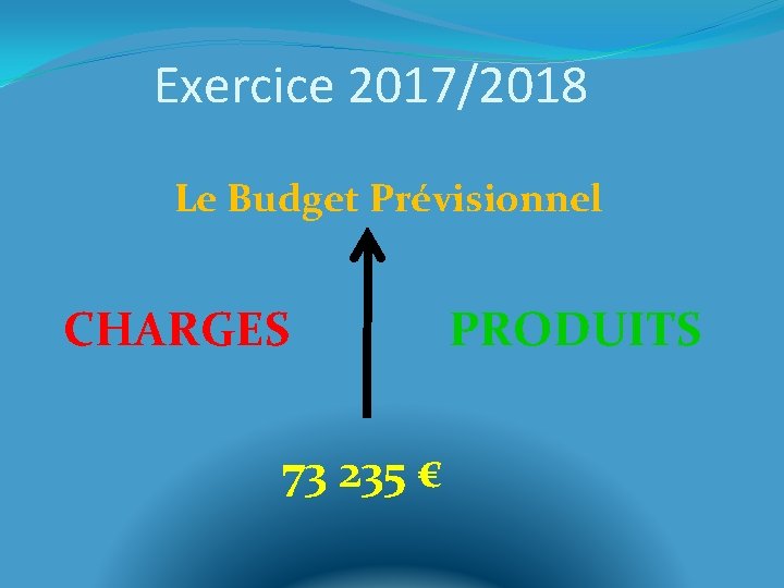 Exercice 2017/2018 Le Budget Prévisionnel CHARGES 73 235 € PRODUITS 