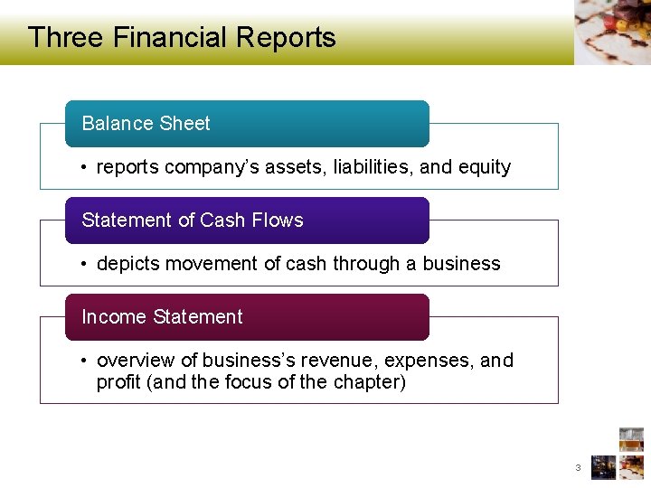 Three Financial Reports Balance Sheet • reports company’s assets, liabilities, and equity Statement of