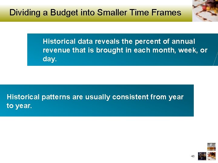 Dividing a Budget into Smaller Time Frames Historical data reveals the percent of annual