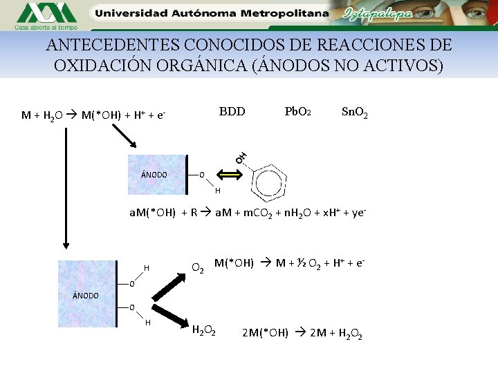ANTECEDENTES CONOCIDOS DE REACCIONES DE OXIDACIÓN ORGÁNICA (ÁNODOS NO ACTIVOS) BDD M + H