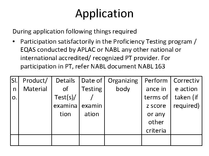 Application During application following things required • Participation satisfactorily in the Proficiency Testing program