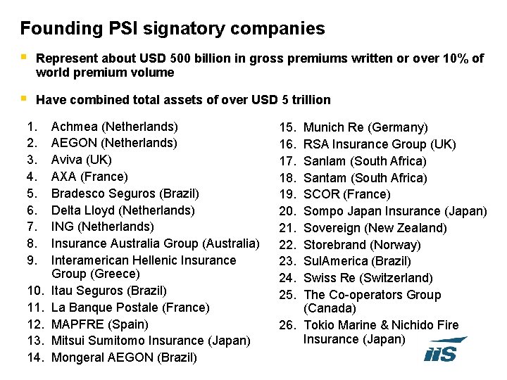Founding PSI signatory companies § Represent about USD 500 billion in gross premiums written