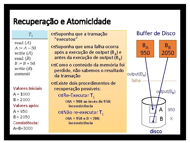 Recuperação e Atomicidade Valores Iniciais A = 1000 B = 2000 Valores após: A