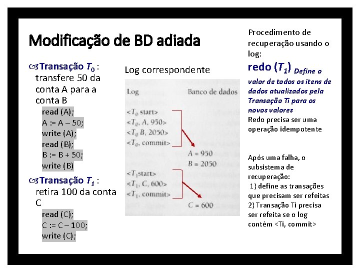 Modificação de BD adiada Transação T 0 : transfere 50 da conta A para