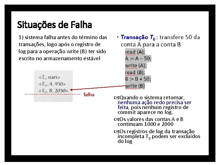 Situações de Falha 1) sistema falha antes do término das transações, logo após o