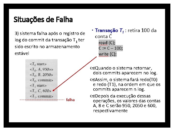 Situações de Falha 3) sistema falha após o registro de log do commit da