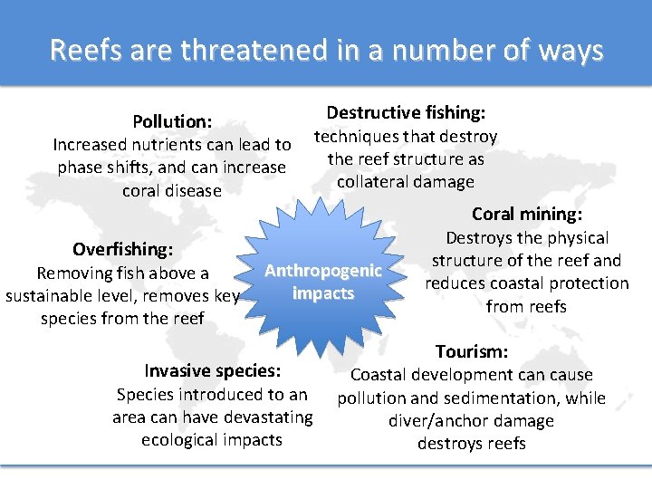 Reefs are threatened in a number of ways Pollution: Increased nutrients can lead to