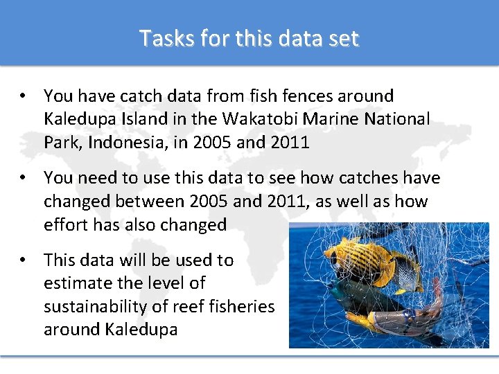 Tasks for this data set • You have catch data from fish fences around