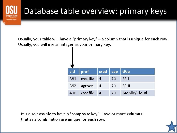 Database table overview: primary keys Usually, your table will have a "primary key" –