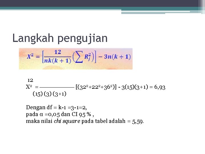 Langkah pengujian 12 X 2 = [(322+222+362)] - 3(15)(3+1) = 6, 93 (15) (3+1)