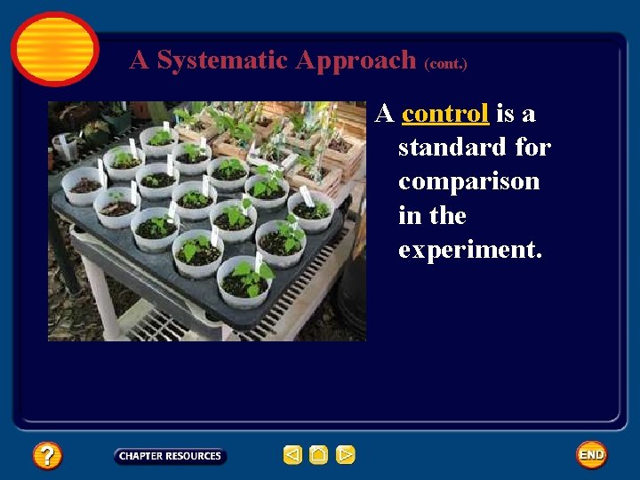 A Systematic Approach (cont. ) A control is a standard for comparison in the