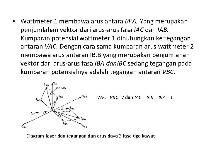  • Wattmeter 1 membawa arus antara IA'A, Yang merupakan penjumlahan vektor dari arus-arus