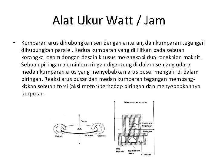 Alat Ukur Watt / Jam • Kumparan arus dihubungkan sen dengan antaran, dan kumparan