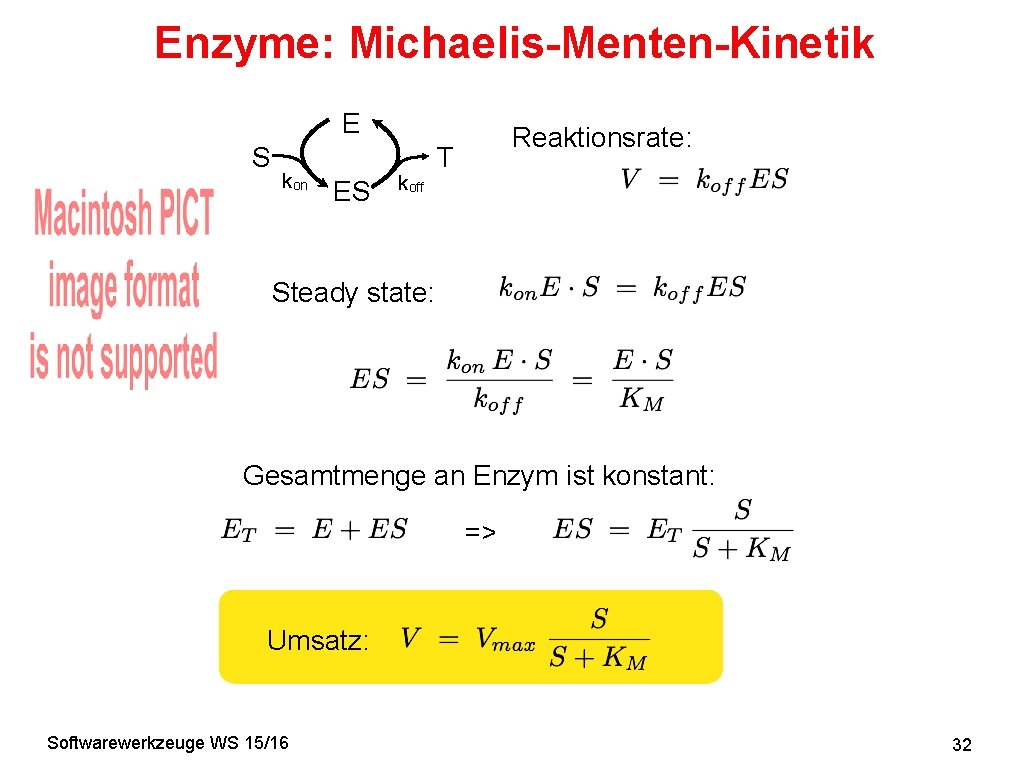 Enzyme: Michaelis-Menten-Kinetik E S kon ES koff Reaktionsrate: T Steady state: Gesamtmenge an Enzym