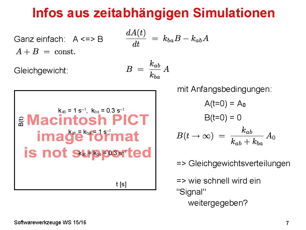 Infos aus zeitabhängigen Simulationen Ganz einfach: A <=> B Gleichgewicht: mit Anfangsbedingungen: B(t) kab