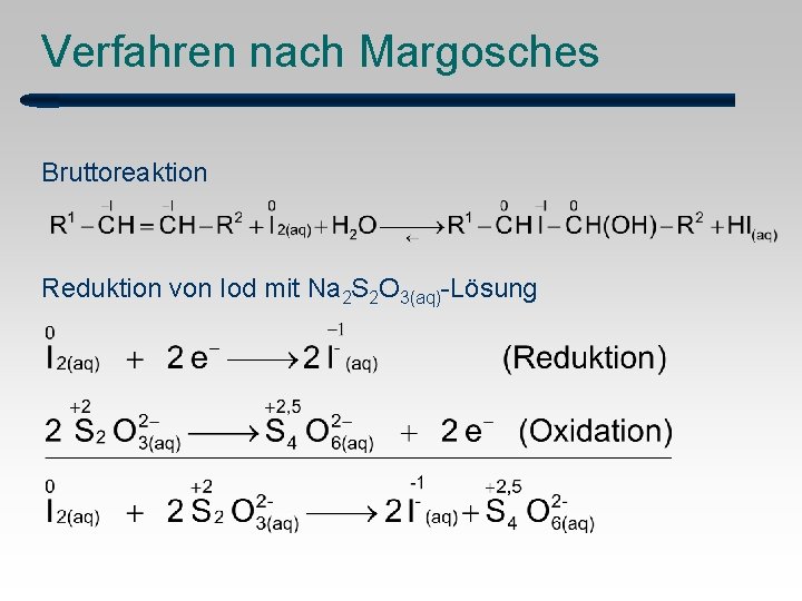 Verfahren nach Margosches Bruttoreaktion Reduktion von Iod mit Na 2 S 2 O 3(aq)-Lösung