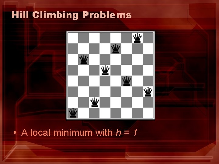 Hill Climbing Problems • A local minimum with h = 1 Hill Climbing Problems • A local minimum with h = 1