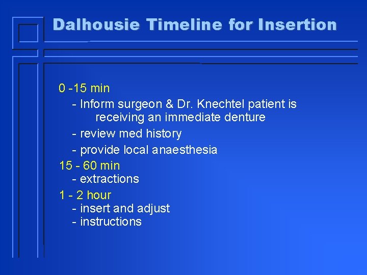 Dalhousie Timeline for Insertion 0 -15 min - Inform surgeon & Dr. Knechtel patient