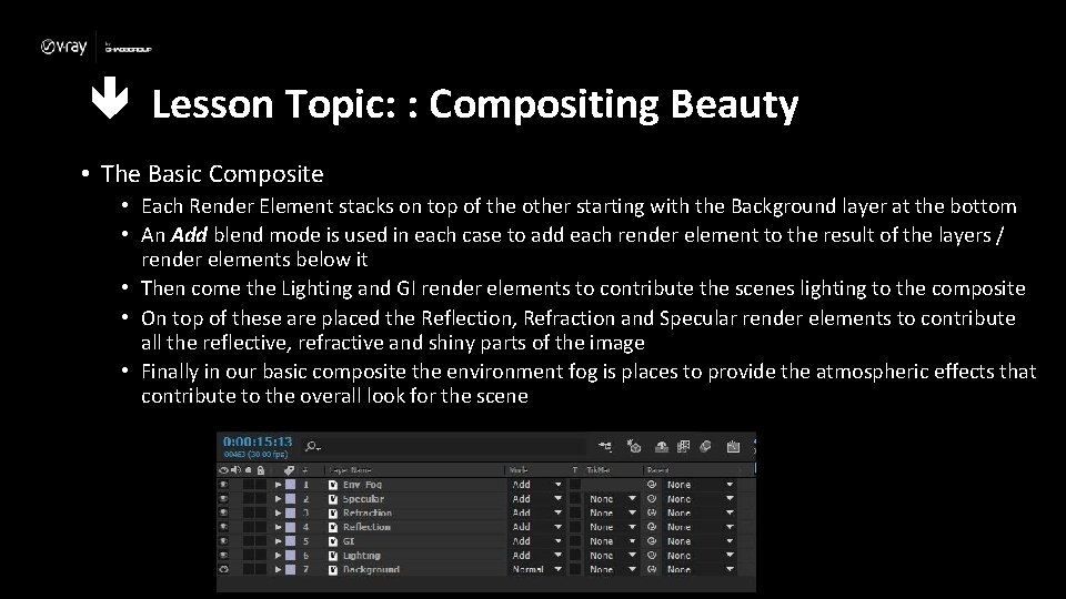  Lesson Topic: : Compositing Beauty • The Basic Composite • Each Render Element