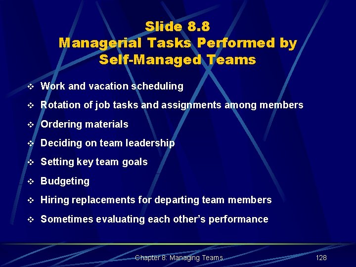 Slide 8. 8 Managerial Tasks Performed by Self-Managed Teams v Work and vacation scheduling