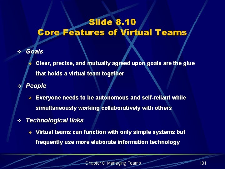Slide 8. 10 Core Features of Virtual Teams v Goals v Clear, precise, and
