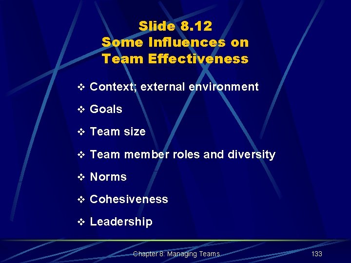 Slide 8. 12 Some Influences on Team Effectiveness v Context; external environment v Goals