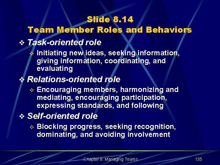 Slide 8. 14 Team Member Roles and Behaviors v Task-oriented role v Initiating new