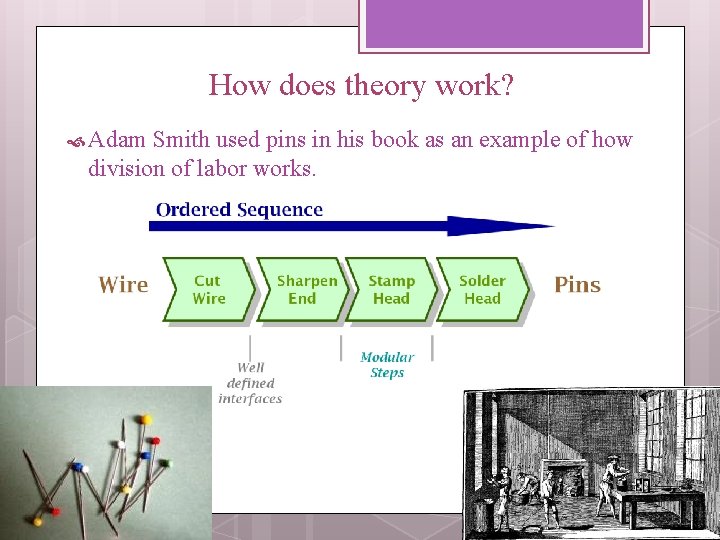  How does theory work? Adam Smith used pins in his book as an