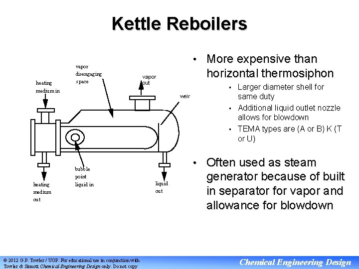 Kettle Reboilers heating medium in heating medium out vapor disengaging space • More expensive