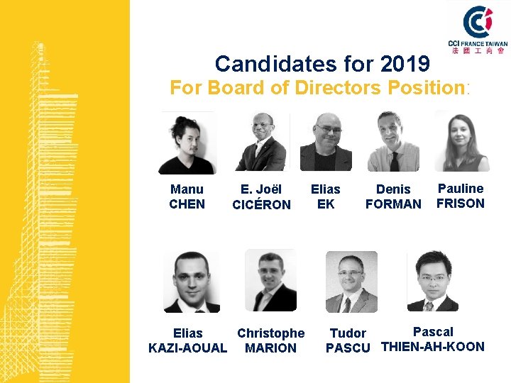 Candidates for 2019 For Board of Directors Position: Manu CHEN E. Joël CICÉRON Elias