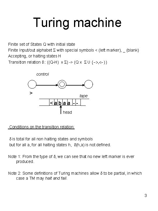 Turing machine Finite set of States Q with initial state Finite Input/out alphabet S