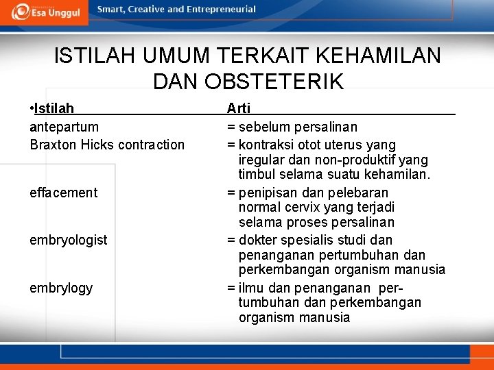 ISTILAH UMUM TERKAIT KEHAMILAN DAN OBSTETERIK • Istilah antepartum Braxton Hicks contraction effacement embryologist