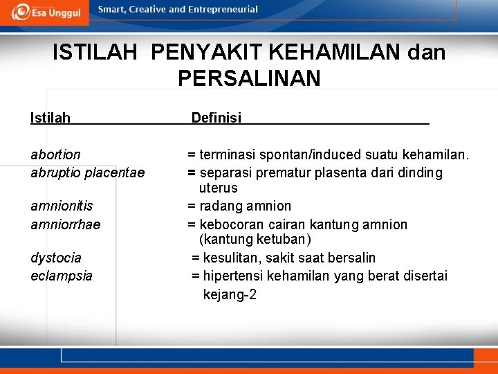 ISTILAH PENYAKIT KEHAMILAN dan PERSALINAN Istilah Definisi abortion abruptio placentae = terminasi spontan/induced suatu