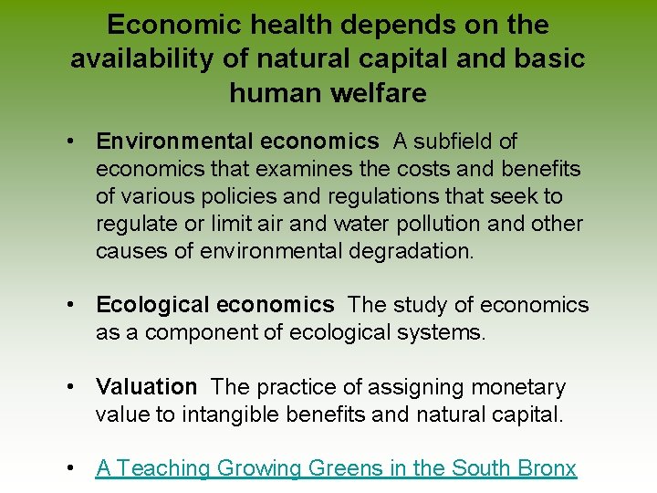 Economic health depends on the availability of natural capital and basic human welfare •