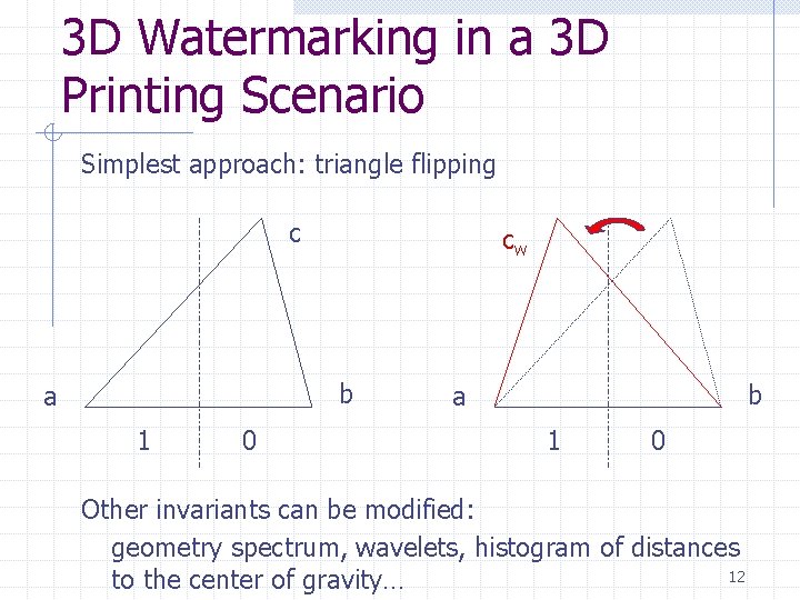 3 D Watermarking in a 3 D Printing Scenario Simplest approach: triangle flipping c