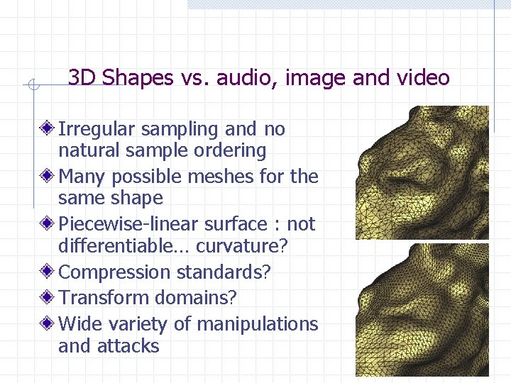 3 D Shapes vs. audio, image and video Irregular sampling and no natural sample