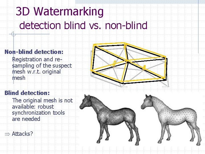 3 D Watermarking detection blind vs. non-blind Non-blind detection: Registration and resampling of the