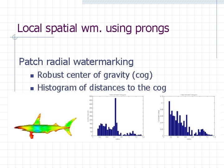 Local spatial wm. using prongs Patch radial watermarking n n n Robust center of